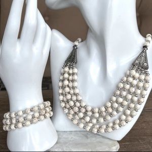 White Howlite 5 Strand Beaded Necklace and Bracelet Set